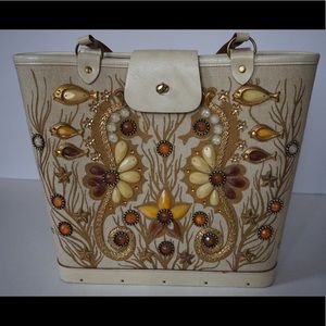 Vintage Collins of Texas “Sea Garden” Handbag, Canvas Jewels Wood Leather